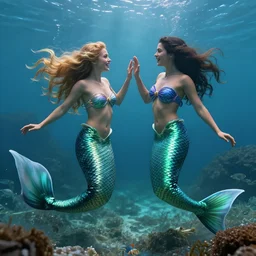 mermaids fighting, hard lighting, photorealism