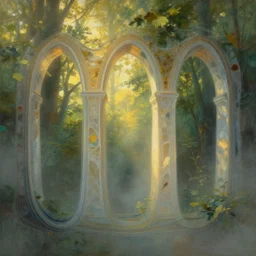 7 0 mm photograph of vellum and mesoglea - translucent layers ambiently occluding and striating, forming a detailed sculptural recreation of the arches from roger dean's paintings, emerging from the mist, dappled in light from verdant canopy, golden hour, cinematic, 8 k