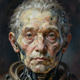 a beautiful painting of a portrait of organic old cyborg by other planet, front close - up, maximalist, front, one face, single character, symetrical close up, octane render, micro details, by peter mohrbacher, zaha hadi