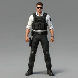 full body character design of realistic alt art federal agent white button down shirt rolled up sleeves kevlar armor tactical bulletproof vest sunglasses heroic pose artgerm greg rutkowski alphonse mucha trending
