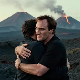 quentin tarantino hugging c - 3 po. active volcanoes as background. cinematic trailer format.