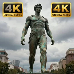 giant human bronze statue in the city, fantasy artwork, very beautiful scenery, sky is cloudy, hd, hdr, ue 5, ue 6, unreal engine 5, cinematic 4 k wallpaper, 8 k, ultra detailed, by popular digital, details, beautiful image ever created, high resolution, artstation, award winning