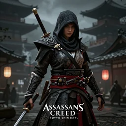 Ingame Screenshot of Assassins' Creed 6: Tokyo Shinobi, for ps5, Dark, Highly Detailed, Feudal era Japan, Shinobi, Ninja, Tokyo, Ghost of Tsushima and Sekiro as references, Wielding Kunai, Unreal engine 5, HD, Ultra Graphic settings, 8k, GTX 3090, 🔥 😎 🕹️ 👀  :2 ,Ninja, Stealth, Shinobi, Smoke :6 ,Female protagonist 👀 :8