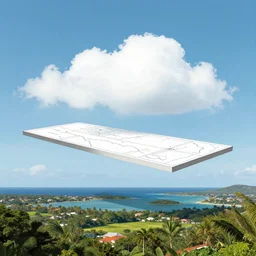 2d representation of a flat suspended in the air above Sint-Marteen island, diagram representation, stylised, CLOUD 9 is written on the schematic, scenic environment by James Gilleard
