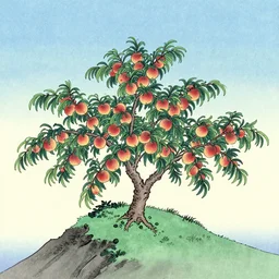 a peach tree full of peaches on a mountain ridge by hokusai