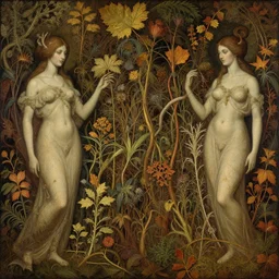 breathtaking detailed concept art painting of goddesses of autumn by volegov, vintage illustration pattern with bizarre compositions blend of plants and stems and leaves by john howe, exquisite detail, extremely moody lighting, 8 k