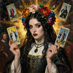 portrait of a feminine medieval priestess chelsea wolfe, goth punk, floral flowers, radiant colors, tarot, surreal, a flemish baroque by alexander mcqueen, art by john collier by greg rutkowski and craig mullins, oil on canvas