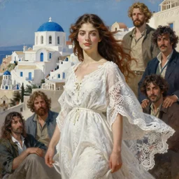 painting of a beautiful woman, white flowing lace linen with a greek town in the background by yoji shinkawa frank frazetta, charlie bowater, magali villeneuve, j. c. leyendecker, ray - traced lighting, ultra realistic, detailed,