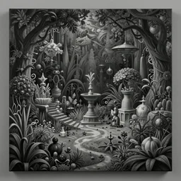 a gorgeous, fantastic, magic garden landscape by michael kidd, mc escher, trending on artstation, artgerm, acrylic on canvas, muted color tones, darker,!! low contrast!!
