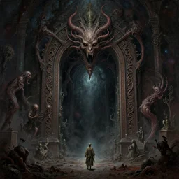 a lovecraftian painting of a demonic portal, cosmic horror elements, ultra realistic, concept art, intricate details, eerie, highly detailed, photorealistic, octane render, 8 k, unreal engine. art by artgerm and greg rutkowski and alphonse mucha