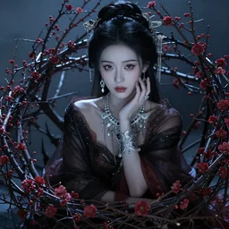photography of the asian queen sitting in the flower thorn, beautiful face, masterpiece costume, jewellery, high quality, elegant, emotionally touching, cool, deep gaze, mystery, tenderness kenneth willardt style