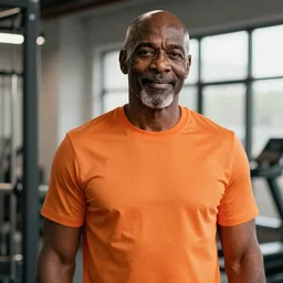 a bald middle aged black man in an orange gym shirt, high quality portrait