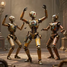 steampunk robots expressively dancing by otto dix and greg rutkowski and andreas rocha, cinematic lighting, highly detailed, warm colours, 4 k