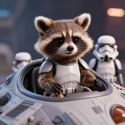 3 5 mm portrait, furry rocket the raccoon sitting in the cockpit of the millennium falcon from guardians of the galaxy, wearing storm trooper armor, soft volumetric lighting, cinematic,, octane, 8 k, photorealism!!