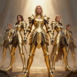 hyper realistic woman golden armor, greg rutkowski, zabrocki, karlkka, jayison devadas, trending on artstation, 8 k, ultra wide angle, zenith view, pincushion lens effect