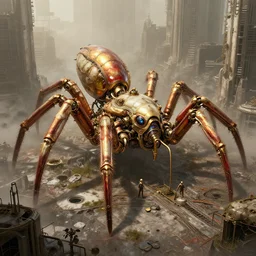 an abandoned dystopian city, by federico pelat and craig mullins, epic steampunk arachnid - shaped machinery, by michael weisheim beresin and james paick and stephan martiniere, hyperdetailed, concept art, hyperrealism, 8 k resolution, octane render, cinematic, ominous, gold, ivory, blood red, polished, fresnel effect, intricate details, volumetric lighting, misty