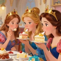 closeup face profile portrait of fairytale princesses wearing crowns eating cakes, nicoletta ceccoli, mark ryden, hyper realistic, artstation, illustration, digital paint, matte paint, vivid colors, bright, cheerful, detailed and intricate cathedral kitchen environment