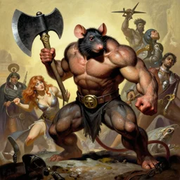 muscled mouse beast wielding an broadaxe, Boris Vallejo, Julie Bell, Zdzisław Beksiński, Ed Binkley, Mark Brooks Frank Frazetta, Greg Hildebrandt, Tim Hildebrandt, Alex Horley, Ralph Horsley, Peter Andrew Jones, Eddie Mendoza, Earl Norem, Greg Rutkowski, Michael Whelan, Artgerm