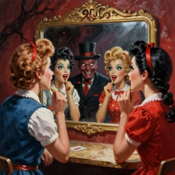 a photorealistic highly detailed painting of a vintage 1 9 5 0's game show looking at his reflection in a mirror in hell by johfra bosschart, lisa frank, kinkade, visionary art, dark fantasy art, high detail, trending on artstation