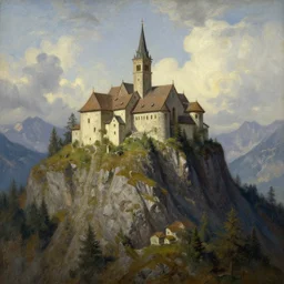 a medieval monastery on top of a steep, high mountain in the alps, fantasy, painting