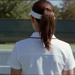 home video footage, view from behind, a woman in tennis wear, shoulders ; tennis coat, summer, color vhs picture quality with mixed noise