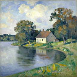 small homestead on the edge of a lake, by Paul Cézanne