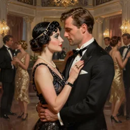 daniel gerhartz and wlop 4 k detailed portrait digital painting of a 1 9 2 0 s beautiful couple at a party in a mansion, mansion interior in the background, unreal engine, hyper realism, realistic shading, cinematic composition, blender render, octane render, hdr, detailed textures, photorealistic, 3 5 mm film