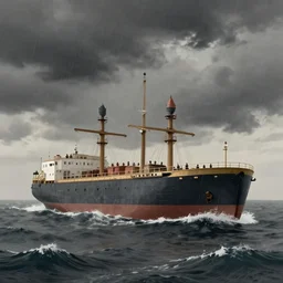 noah's gigantic ark floating on huge stormy seas dark clouds and rain, limited neutral palette, by pascal campion, petros afshar, anton fadeev, dean ellis, randolph stanley hewton, beautiful graphic, propaganda poster art 1 9 7 0 s illustrated advertising art, painterly design