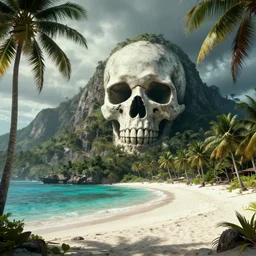 a tropic al pirate Island with white beach, palm trees and a cave in Form of a skull carved in a Mountain, dramatic lighting, cinematic, establishing shot, extremly high detail, photo realistic, cinematic lighting, post processed, concept art, artstation, matte painting, style by eddie mendoza, raphael lacoste, alex ross