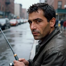 closeup portrait of a man fishing in a puddle rainy new york street, by Steve McCurry, natural light, detailed face, CANON Eos C300, ƒ1.8, 35mm, 8K, medium-format print
