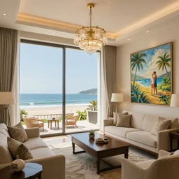 a beautiful 5 star hotel leading to a view of the beach, interior design, by greg rutkowski and thomas kinkade, trending on artstation