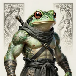 Portrait of ninja frog, D&D, muscular, fantasy, intricate, elegant, highly detailed, digital painting, artstation, concept art, smooth, sharp focus, illustration, art by artgerm and greg rutkowski and alphonse mucha
