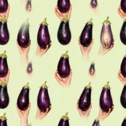 a seamless repeating pattern of hands holding eggplants. surreal photograph, lo - fi, polished look, solid background, silly and serious, hermes ad, fashion photography, toiletpaper magazine by pierpaolo ferrari and maurizio cattelan, 3 5 mm photograph, colourful, david lachapelle, canon eos c 3 0 0, 8 k, medium - format print