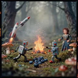 kodak portra 4 0 0, wetplate, muted colours, blueberry, 1 9 3 0 s style, fighting tin toy robots in a forest full of mushrooms, fire, motion blur, rockets, bombs, sparks, haze, fog, by georges melies and by britt marling