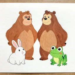 drawing from 1 9 2 0's disney animation, white paper, monkey polar bear, fat rabbit frog