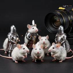 photo of a diorama of fluffy mice in medieval battle armor, studio lighting, nikon lens, black background