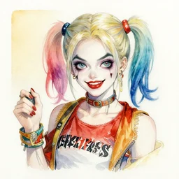 a watercolor portrait illustration by sui ishida and alphons mucha of an anime girl as harley quinn highly detailed anime eyes wearing streetwear pilot latex clown suit lots of zippers, pockets, synthetic materials, jumpsuits by issey miyake and balenciaga 8 k