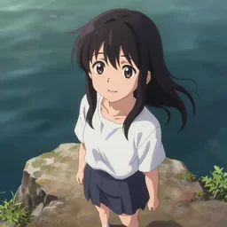 an anime girl standing on the cliff, smiling at the camera with a drop of tear running down on her left cheek, 4 k, photorealistic illustration,