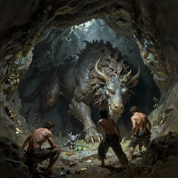 mythological animal hidden in a cave. by Frank Frazetta, Greg Rutkowski, Boris Vallejo, epic fantasy character art, Exquisite detail, post-processing, low angle, masterpiece, cinematic
