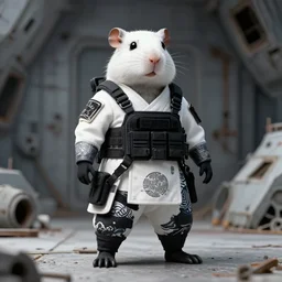 rodent with white and black ancestral ornate japanese tactical gear on an abandoned spaceship, long shot, rule of thirds, golden ratio, graphic novel, by beaststars and orange, peter elson, alan bean, studio ghibli, makoto shinkai