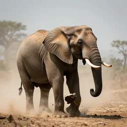 an elephant crumbling to dust in the air, photorealistic