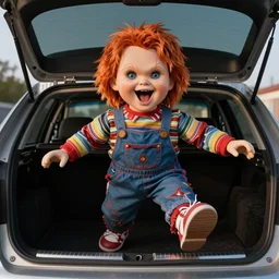 first person screaming chucky doll jumping out of car trunk