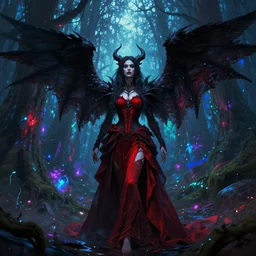 Female dark angel in gothic red and black dress, their black wings are extended. She is in the bioluminescent forest. Fantasy and concept art, colorful digital painting , horror scene, highly detailded