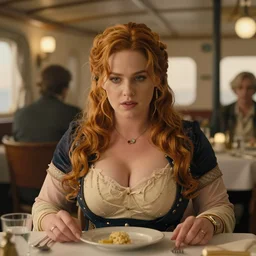 movie still of pokimane with a very big bust sitting at a table, titanic ship interior, directed by Quintin Tarantino