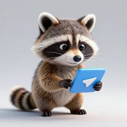 racoon writes messages in a telegram, 3d render, octane render