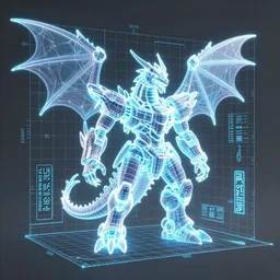 A wireframe Mecha dragon, Holographic Projection, Grid, glowing neon, diagram schematic, measurements, hieroglyphics, octane rendered, 16k uhd
