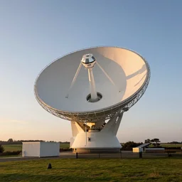 The Jodrell Bank Lovell telescope on the Cheshire plane at sunset, wide angle lens, high quality photograph, 4K