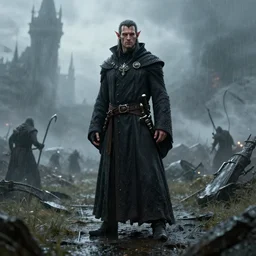 ( ( ( ( ( hyperrealist distant portrait of an male dark elf in wizard robes on a rainy battlefield. ) ) ) ) ) by daniel f. gerhartz, fantasy, photorealistic, octane render, unreal engine, dynamic lighting, bet face, handsome drow, beautiful, perfect factions, perfect drow, trending on artstation, poster, volumetric lighting, very detailed faces, 4 k, award winning