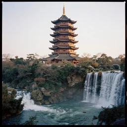 kodak portra 4 0 0 photo of detailed ancien chines tower, with waterfalls and river, diffuse lighting, ultra detailed, sharp, intricate, elegant golden hour, wide angle, 3 5 mm, sharp focus, soft light, volumetric light, trending on pinterest, in the style of gregory crewdson and thomas kinkade, masterpiece