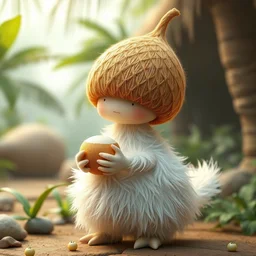 illustration of a 👨, his head is a coconut 🥥, full body shot, 3 d character, fluffy, whimsical, fantasy, cinematic, film, 1 2 8 k, octane render, 3 d render, by mandy jurgens